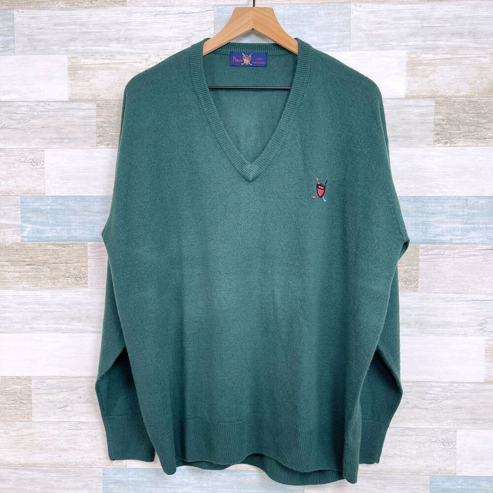 POLO Ralph Lauren Pure Cashmere Sweater Green Golf Shield Logo Vintage Mens XL